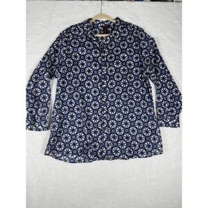 Multiples Button Down Shirt Women 2X Navy Blue Excellent Geometric Cotton Boho